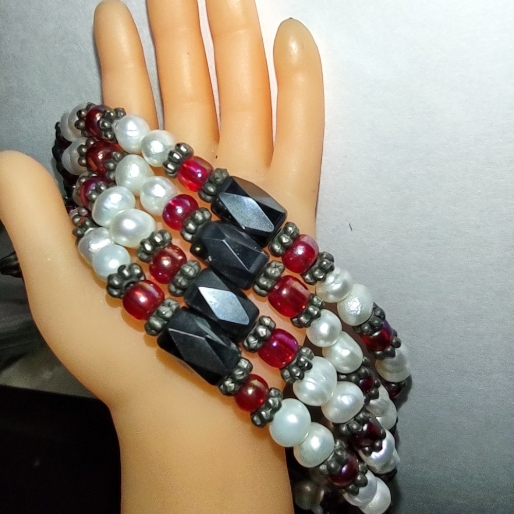 Magnetic Hematite Bead Wrap Bracelet Red & Pearl